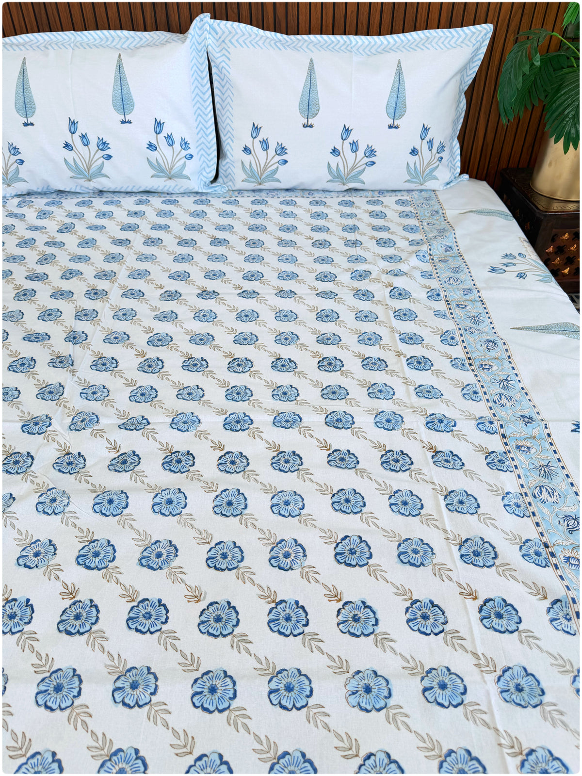 Aqua Bloom Handblock Queen Bedsheet