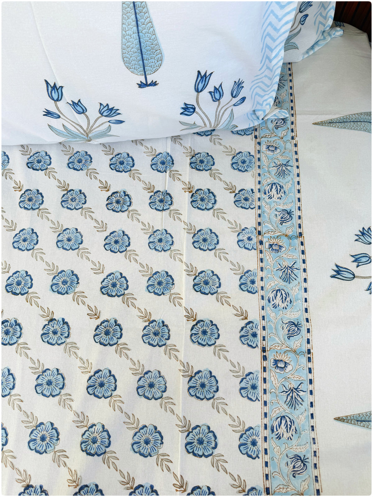 Aqua Bloom Handblock Queen Bedsheet