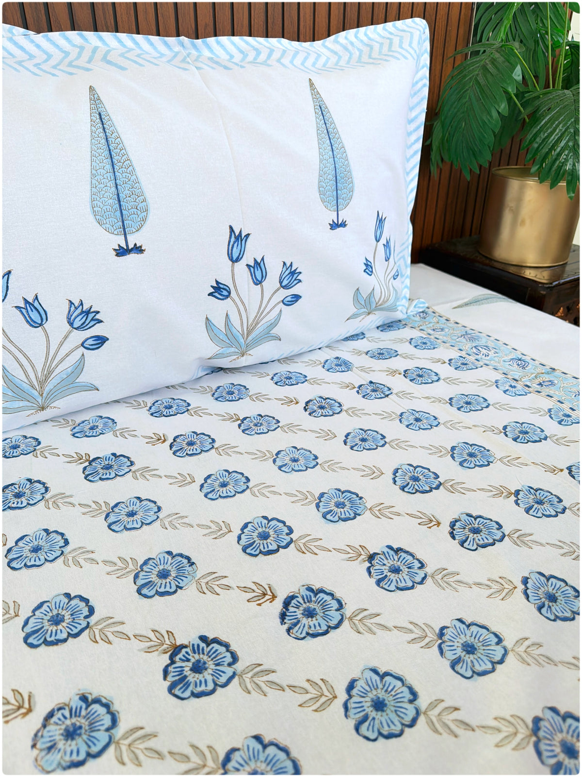 Aqua Bloom Handblock Queen Bedsheet