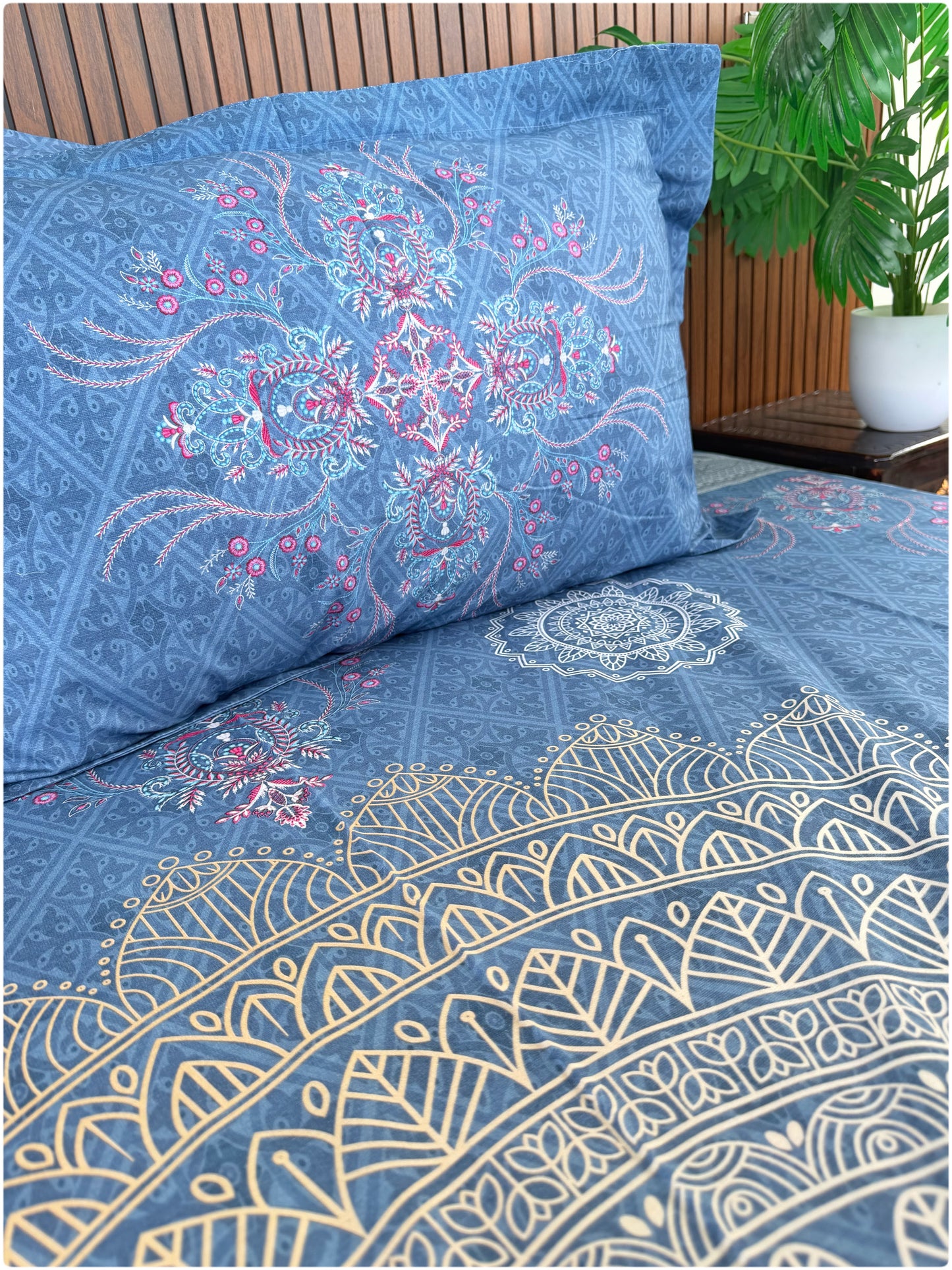 Ethnic Fine Printed Super King Size Bedsheet - 300TC - Light Blue