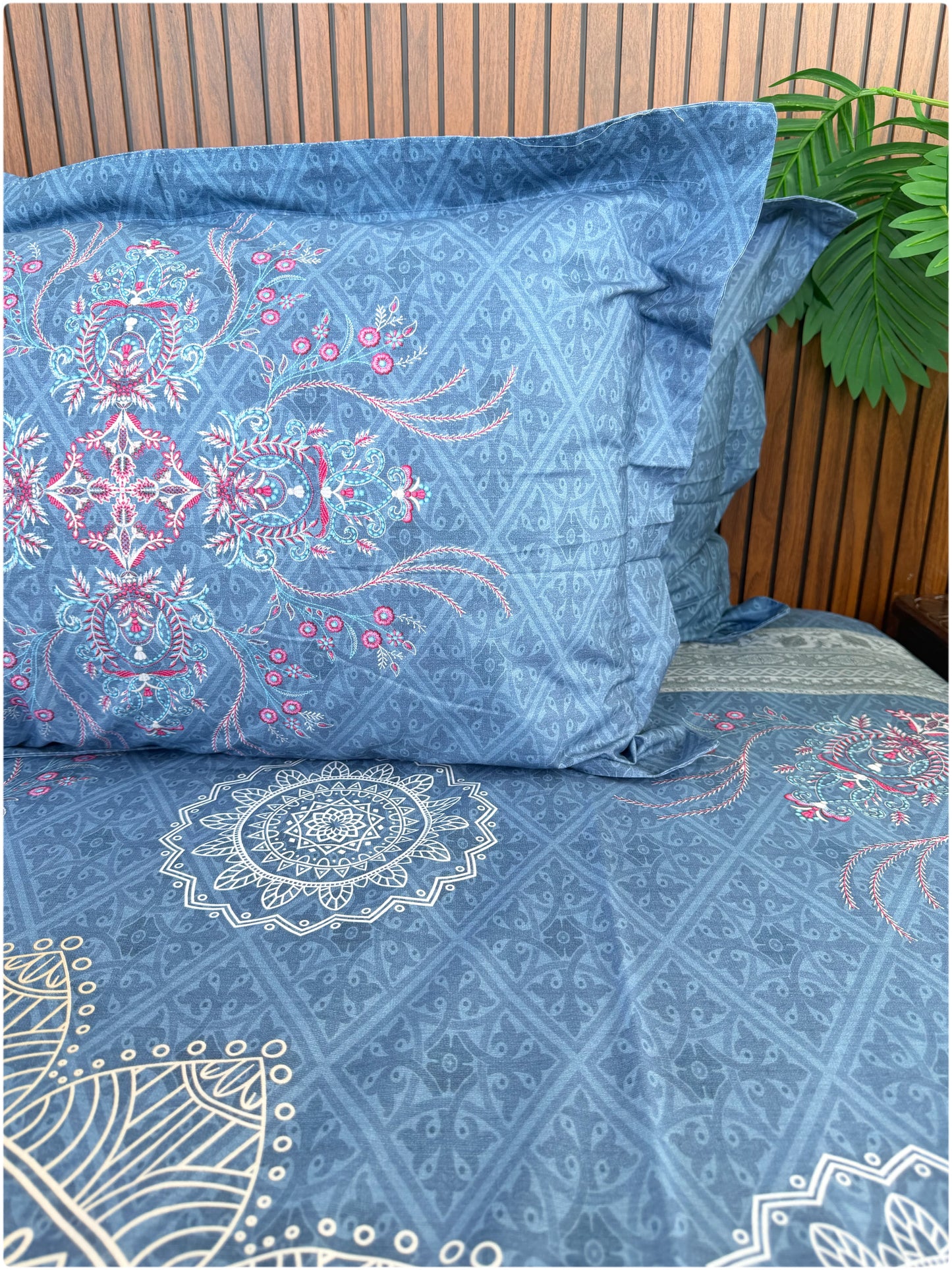 Ethnic Fine Printed Super King Size Bedsheet - 300TC - Light Blue