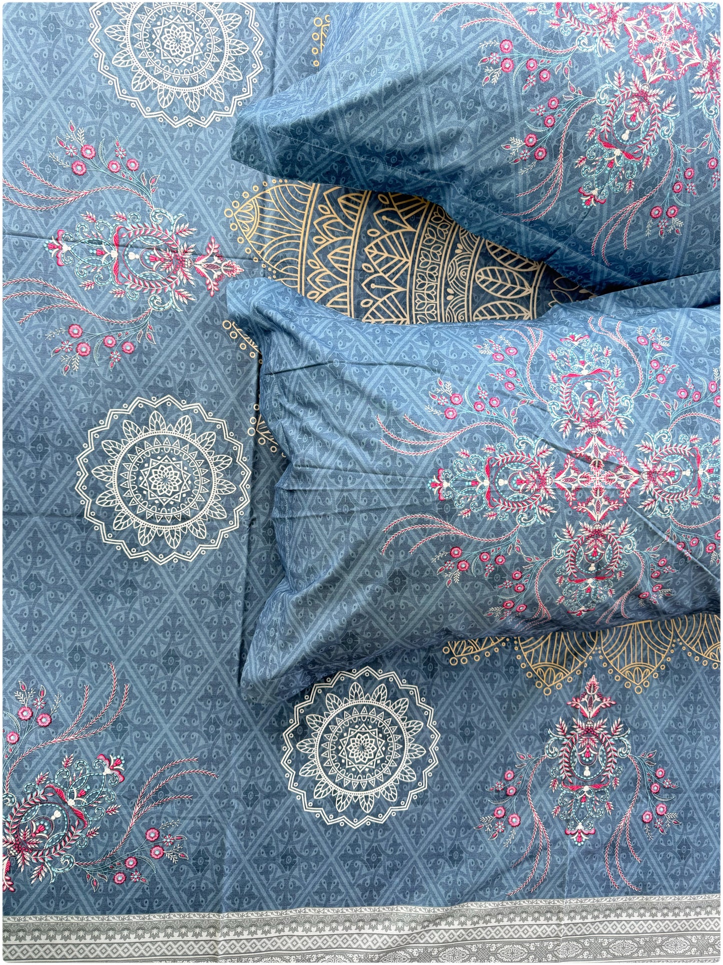Ethnic Fine Printed Super King Size Bedsheet - 300TC - Light Blue