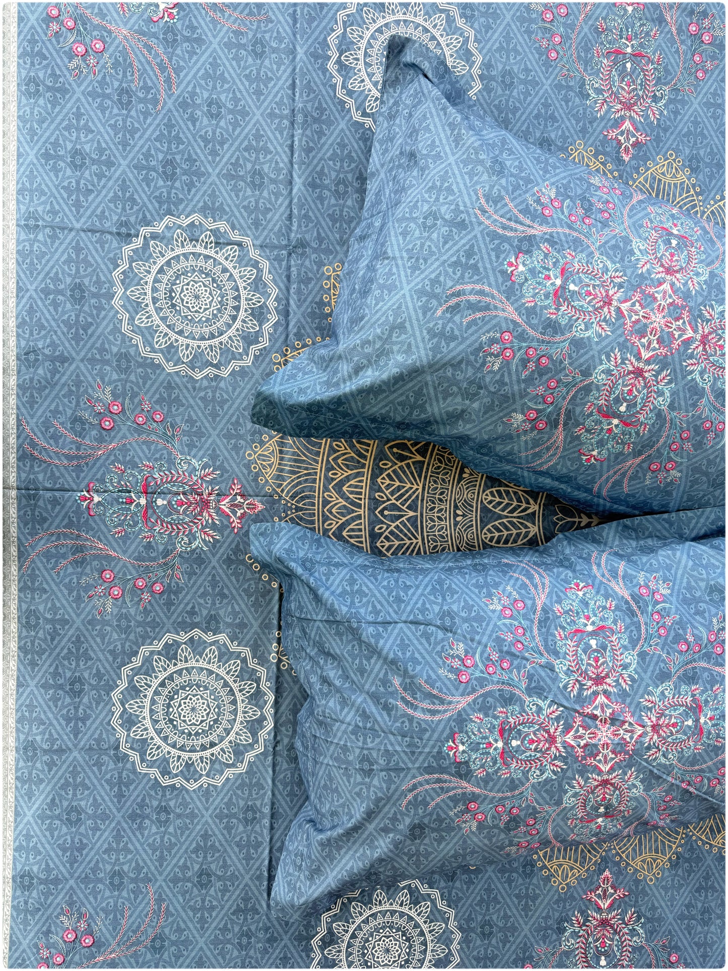 Ethnic Fine Printed Super King Size Bedsheet - 300TC - Light Blue