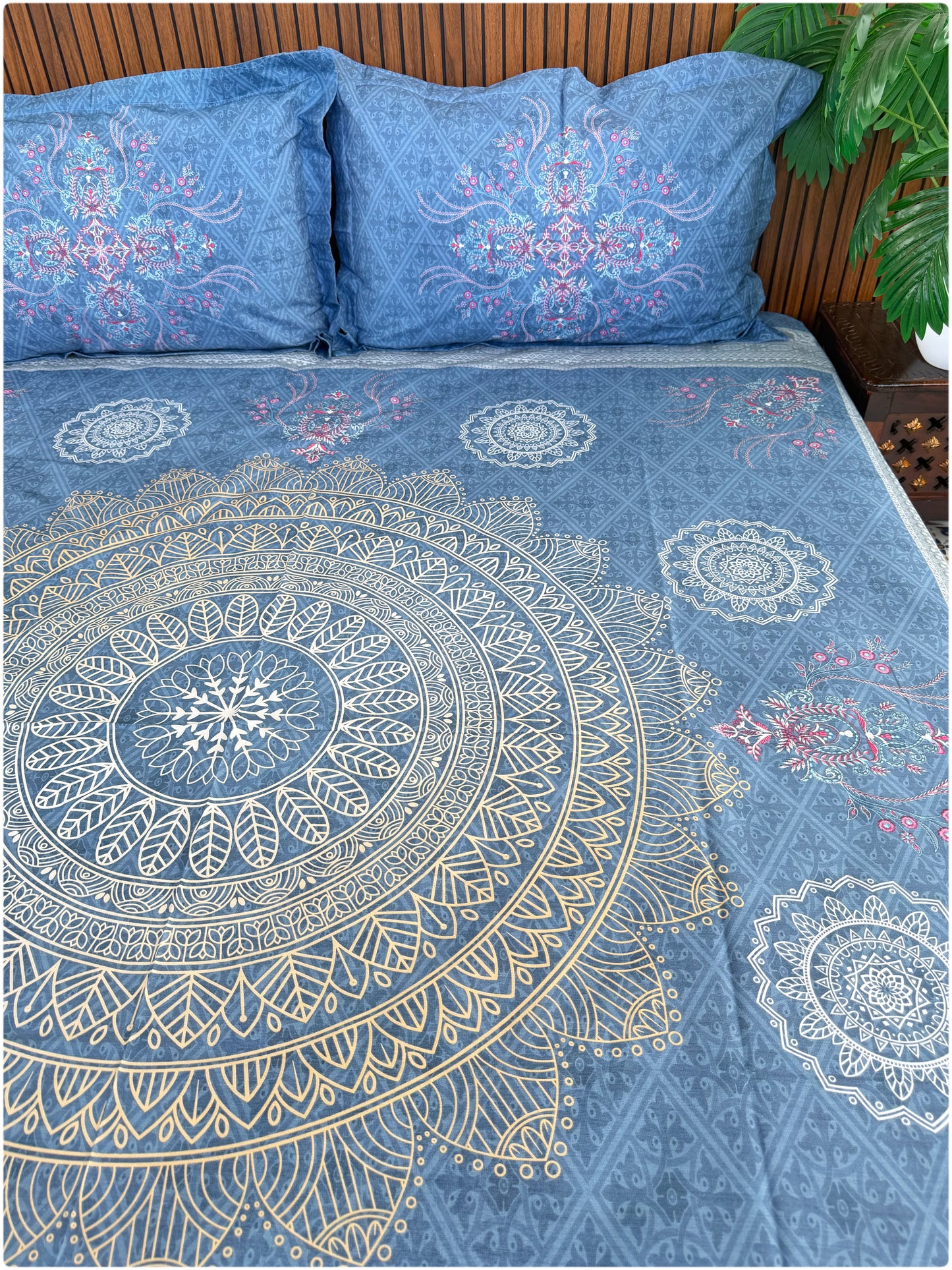 Ethnic Fine Printed Super King Size Bedsheet - 300TC - Light Blue