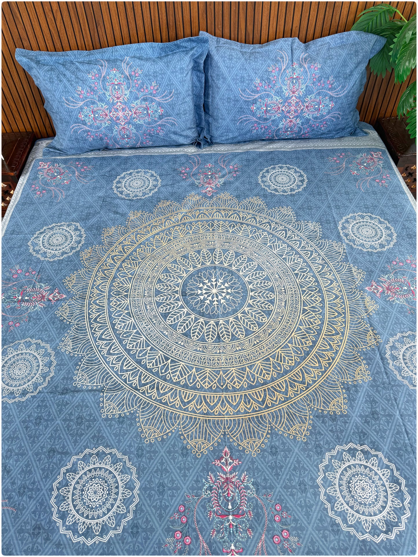 Ethnic Fine Printed Super King Size Bedsheet - 300TC - Light Blue
